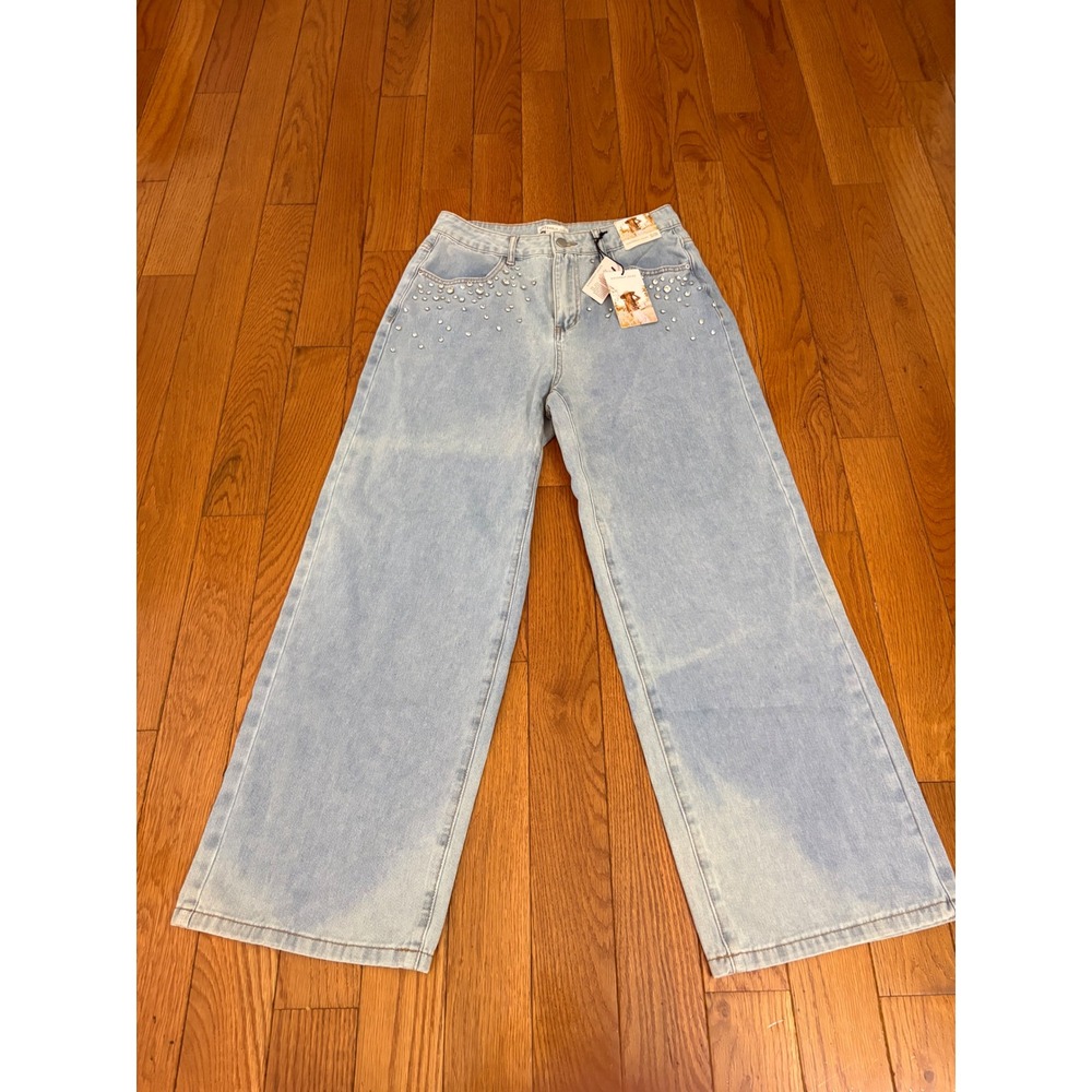 Sincerely Jules Light Wash Rhinestone Embellished Wide Leg Jeans Size 11/29 NEW